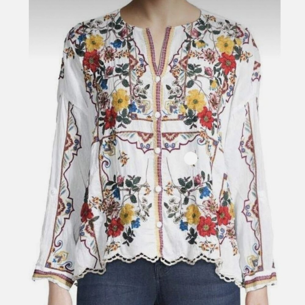 Johnny Was Cabo Floral Embroidered Button Front Blouse Top